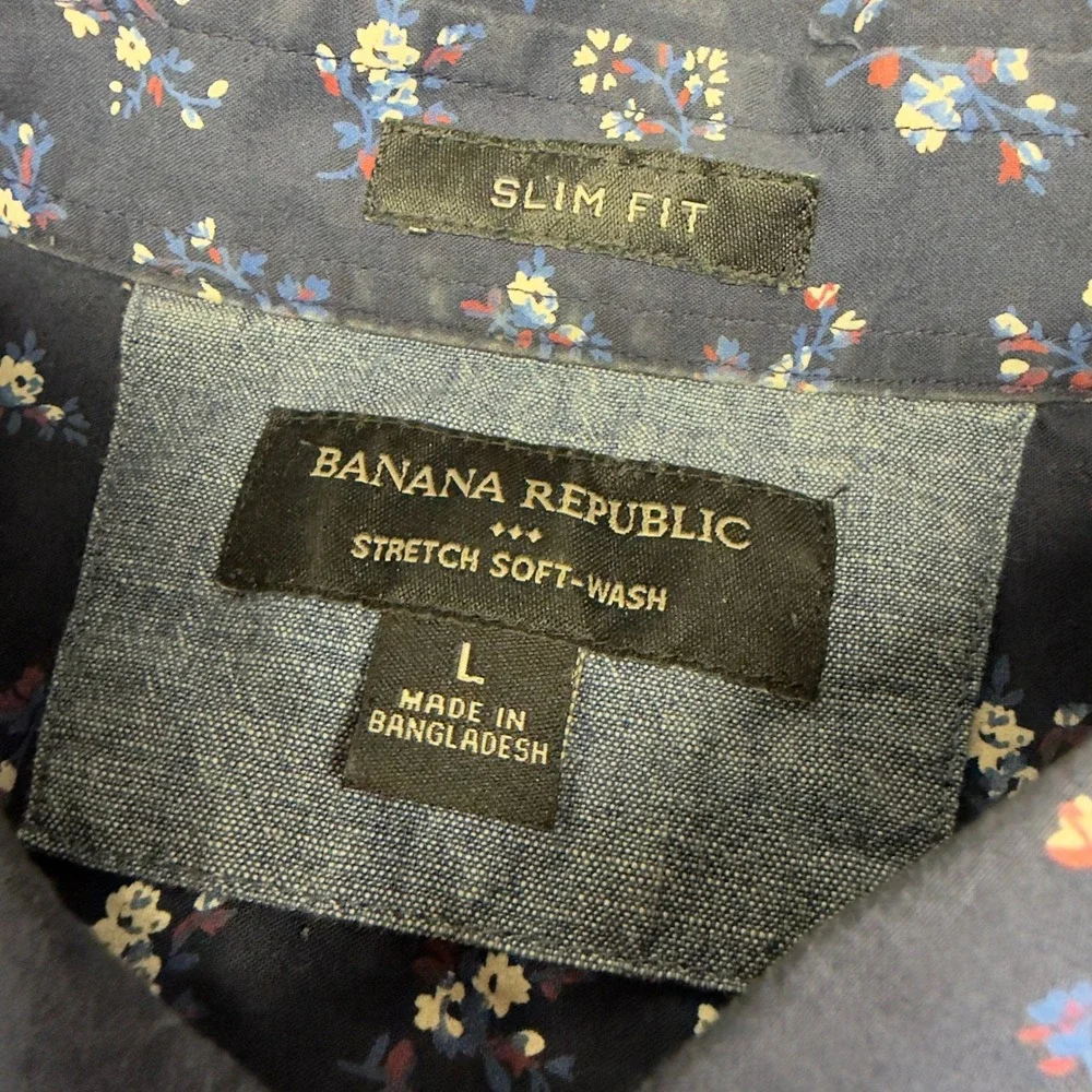 Banana Republic Shirt Mens Large Navy Blue Floral Slim Fit Stretch Soft Wash